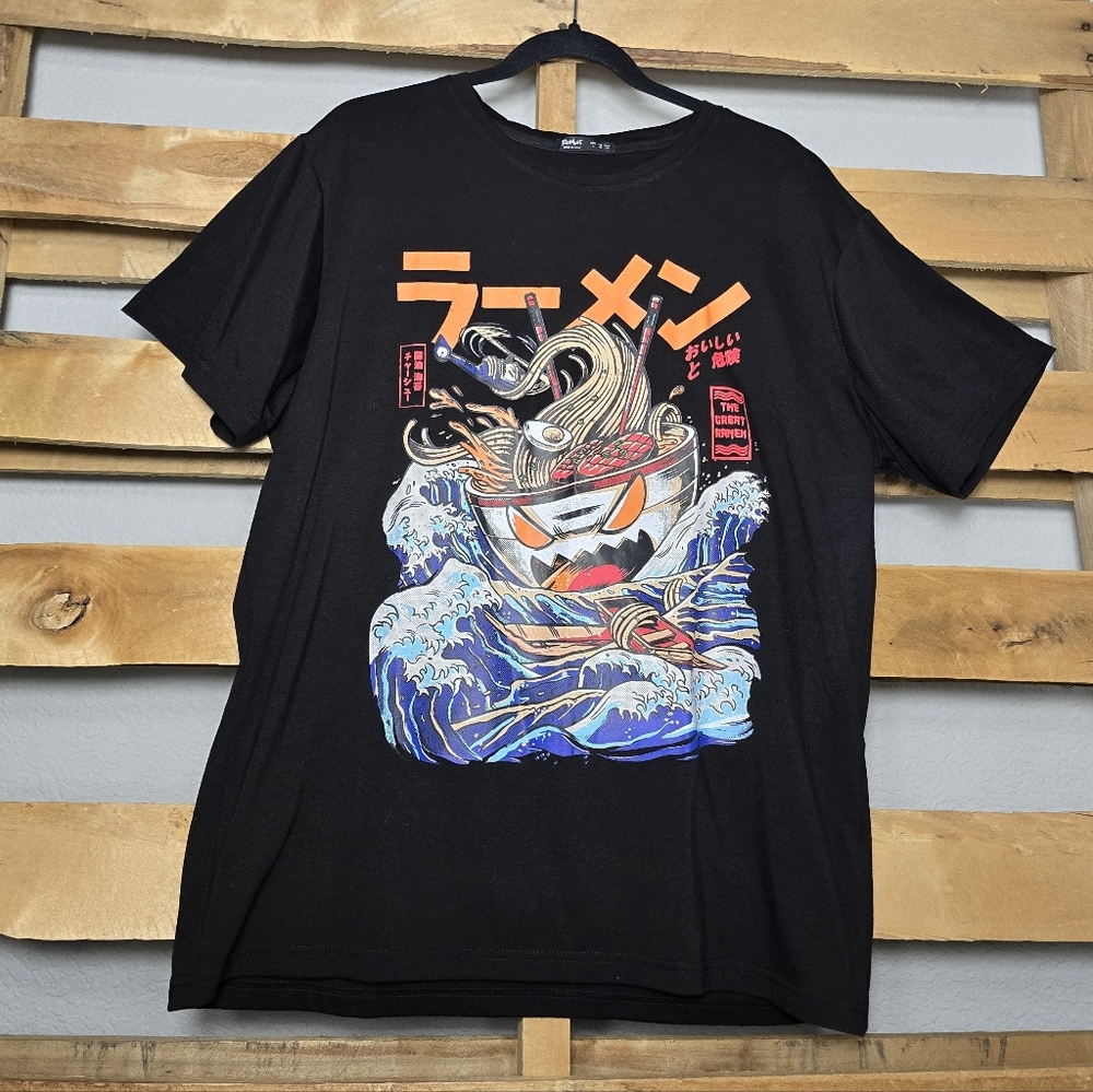 ROMWE Black with Orange & Blue Ramen Graphic Tee Size:L
